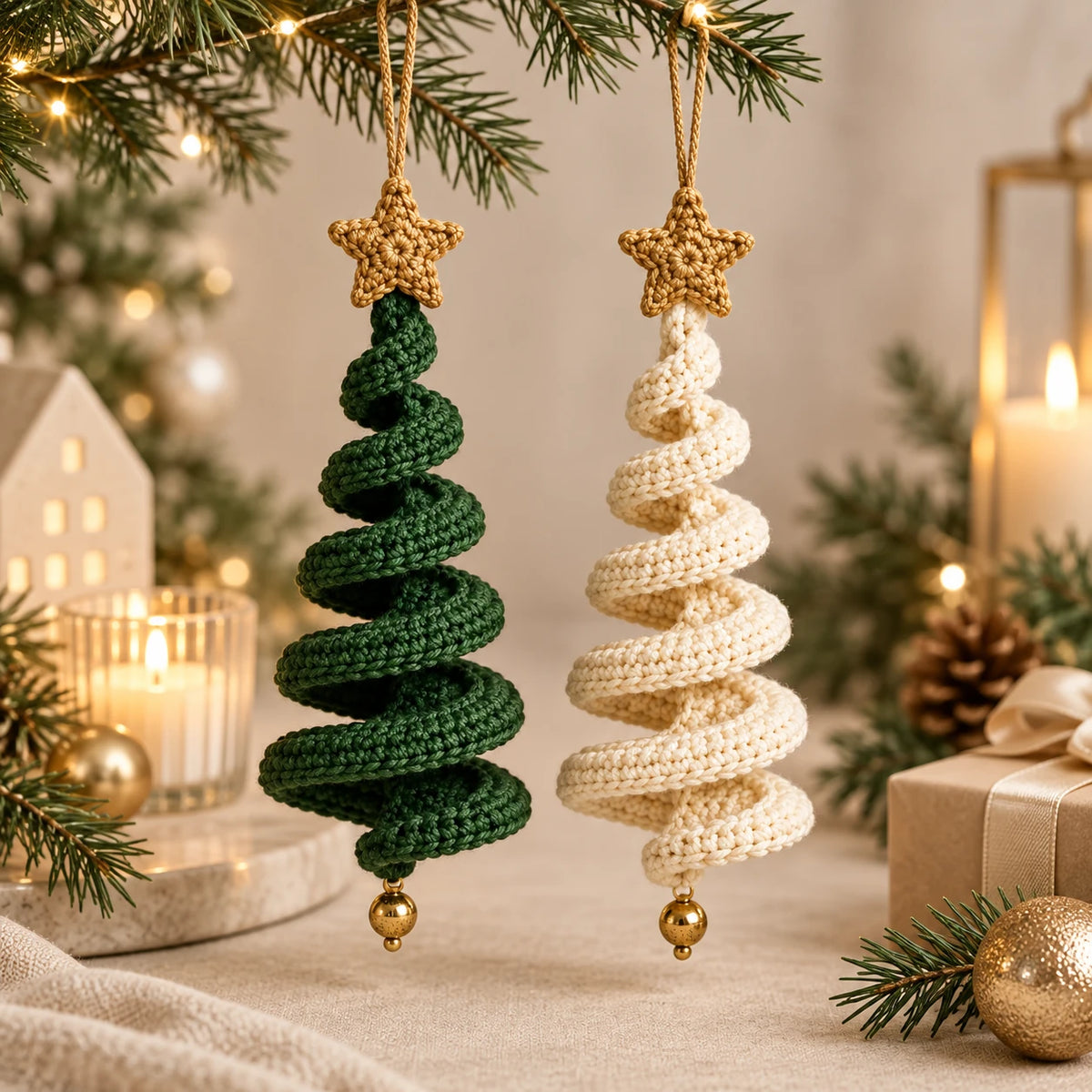 Deux sapins en spirale au crochet, vert et ivoire, dans un décor de Noël
