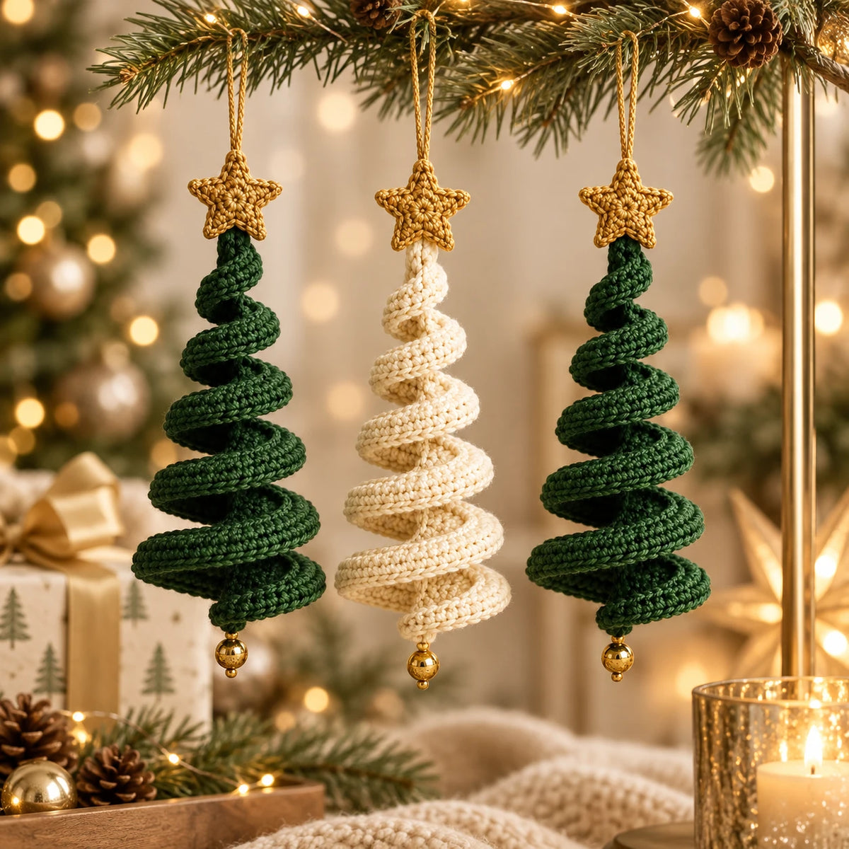 Trois sapins de Noël en spirale au crochet, deux verts et un ivoire, avec étoile dorée, suspendus à une branche de sapin